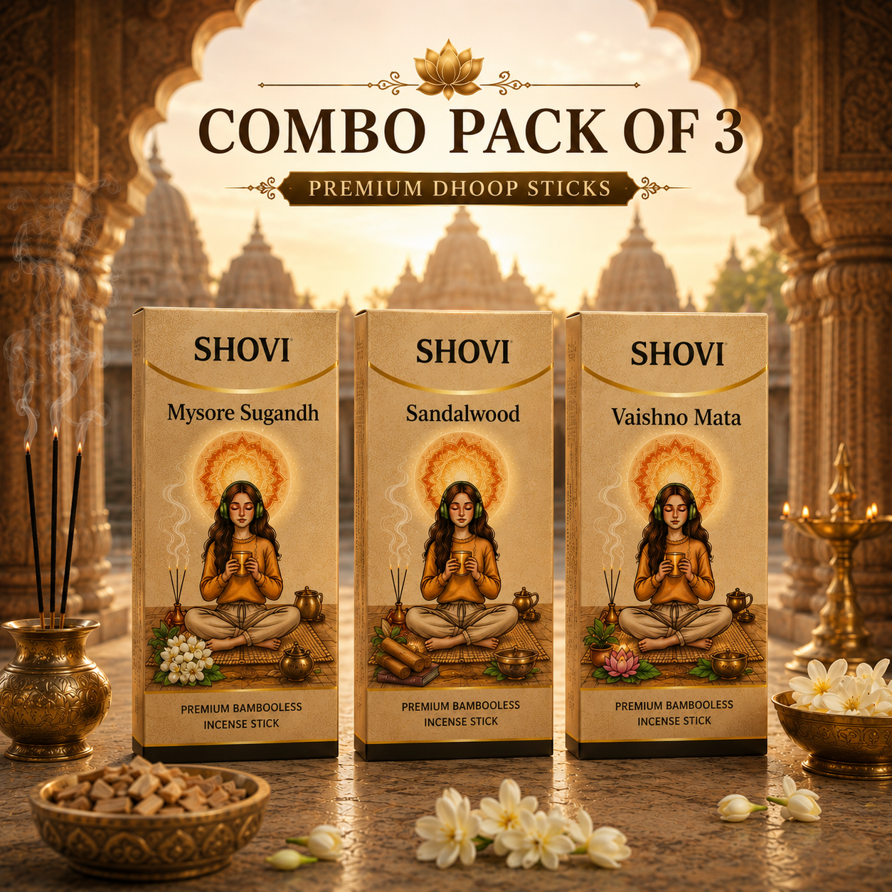 SHOVI Combo Pack of 3 Premium Bambooless Incense Sticks