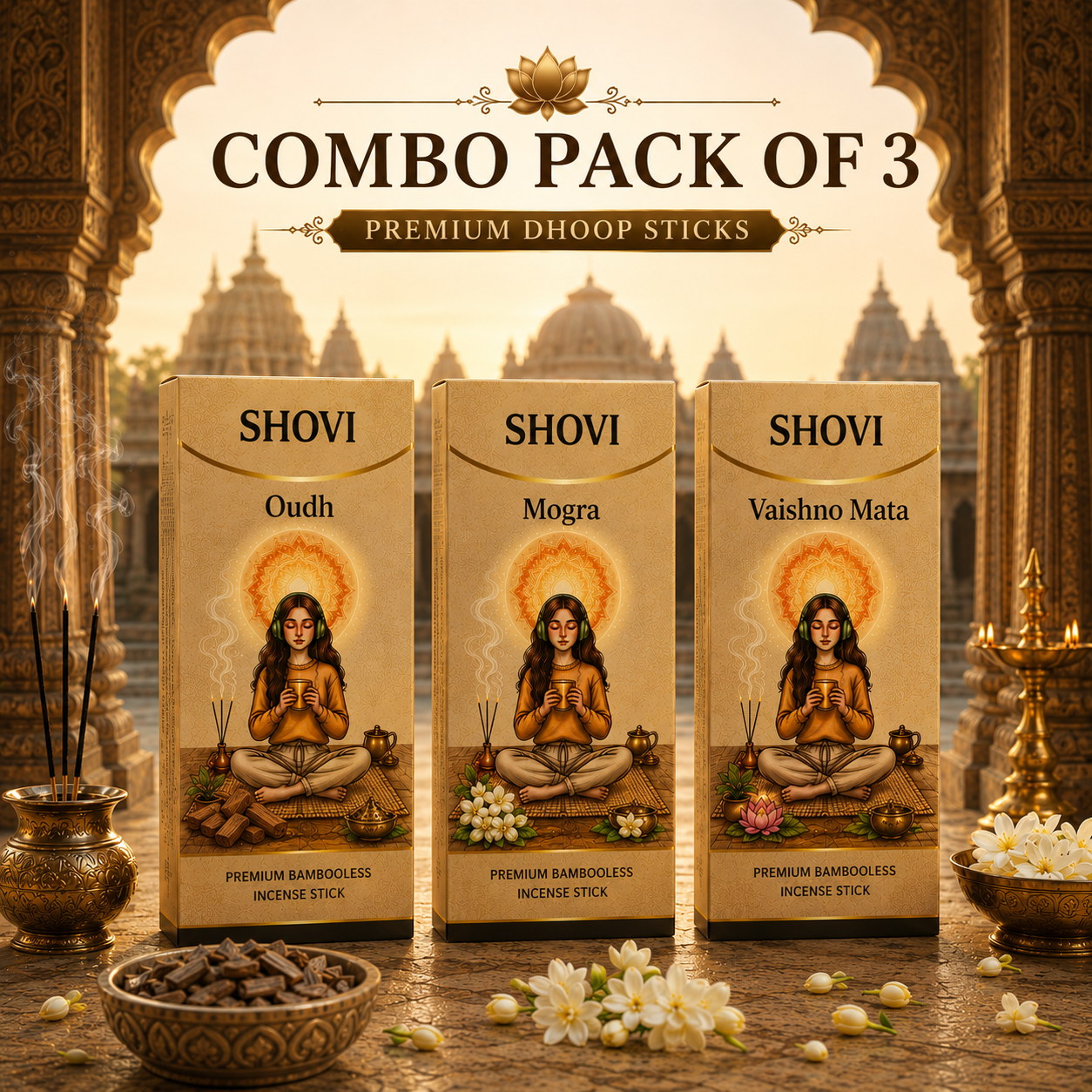 SHOVI Combo Pack of 3 Premium Bambooless Incense Sticks